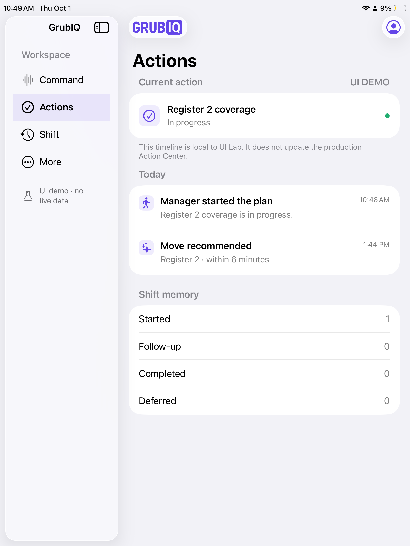 Command UI Lab action timeline and shift memory; illustrative scenario