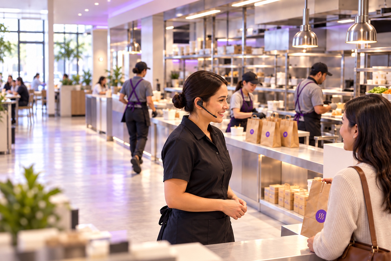 A restaurant manager wearing a hands-free headset stays engaged with a customer while a teammate moves toward the bagging station.